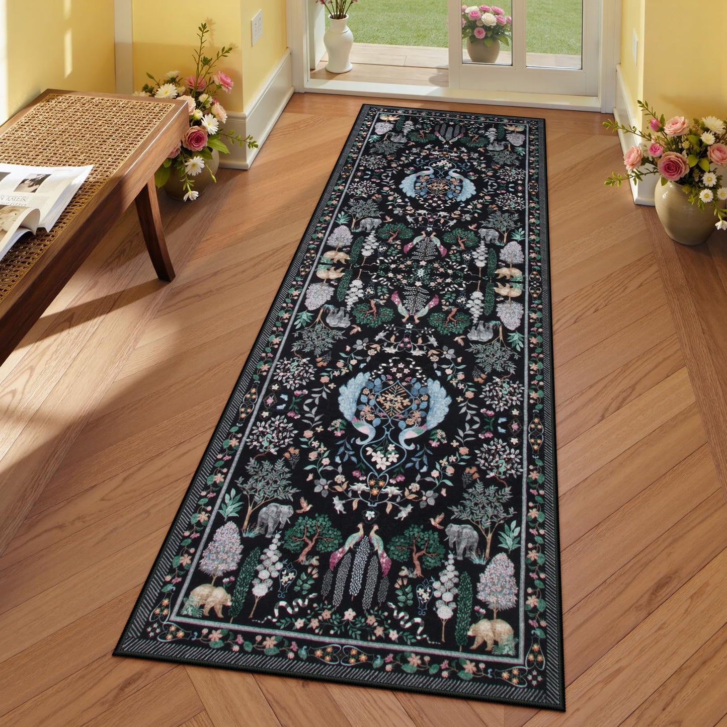 SUNDEREY Floral Washable Rugs, Boho Area Rug for Living Room, Soft Large Bedroom Rug Under Bed, Flower Non Slip Ultra Thin Carpet for Dining Room Nursery Office
