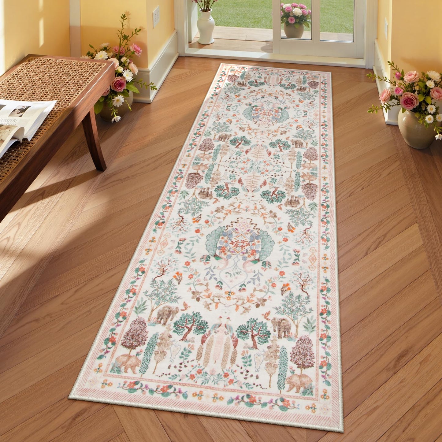 SUNDEREY Floral Washable Rugs, Boho Area Rug for Living Room, Soft Large Bedroom Rug Under Bed, Flower Non Slip Ultra Thin Carpet for Dining Room Nursery Office