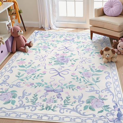 Lahome Washable Floral Bow Area Rug, Rugs for Living Room, Soft Ultra-Thin Non-Slip Carpet for Girls Bedroom Nursery Dorm Kids Room Playroom