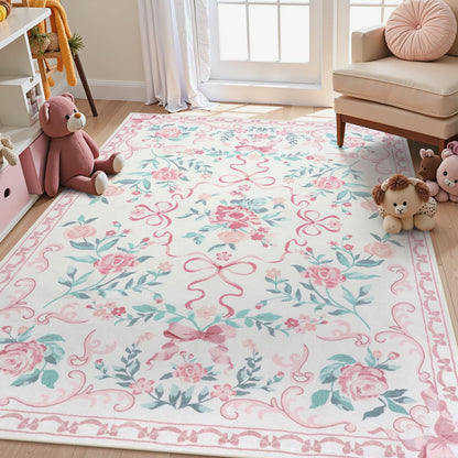 Lahome Washable Floral Bow Area Rug, Rugs for Living Room, Soft Ultra-Thin Non-Slip Carpet for Girls Bedroom Nursery Dorm Kids Room Playroom