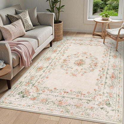 Lahome Non-Shedding Washable Area Rug, Floral Bow Boho Low-Pile Carpet for Bedroom Living Room and Dorm, Ultra-Thin Soft Neutral Mat