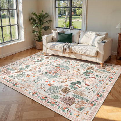 SUNDEREY Floral Washable Rugs, Boho Area Rug for Living Room, Soft Large Bedroom Rug Under Bed, Flower Non Slip Ultra Thin Carpet for Dining Room Nursery Office