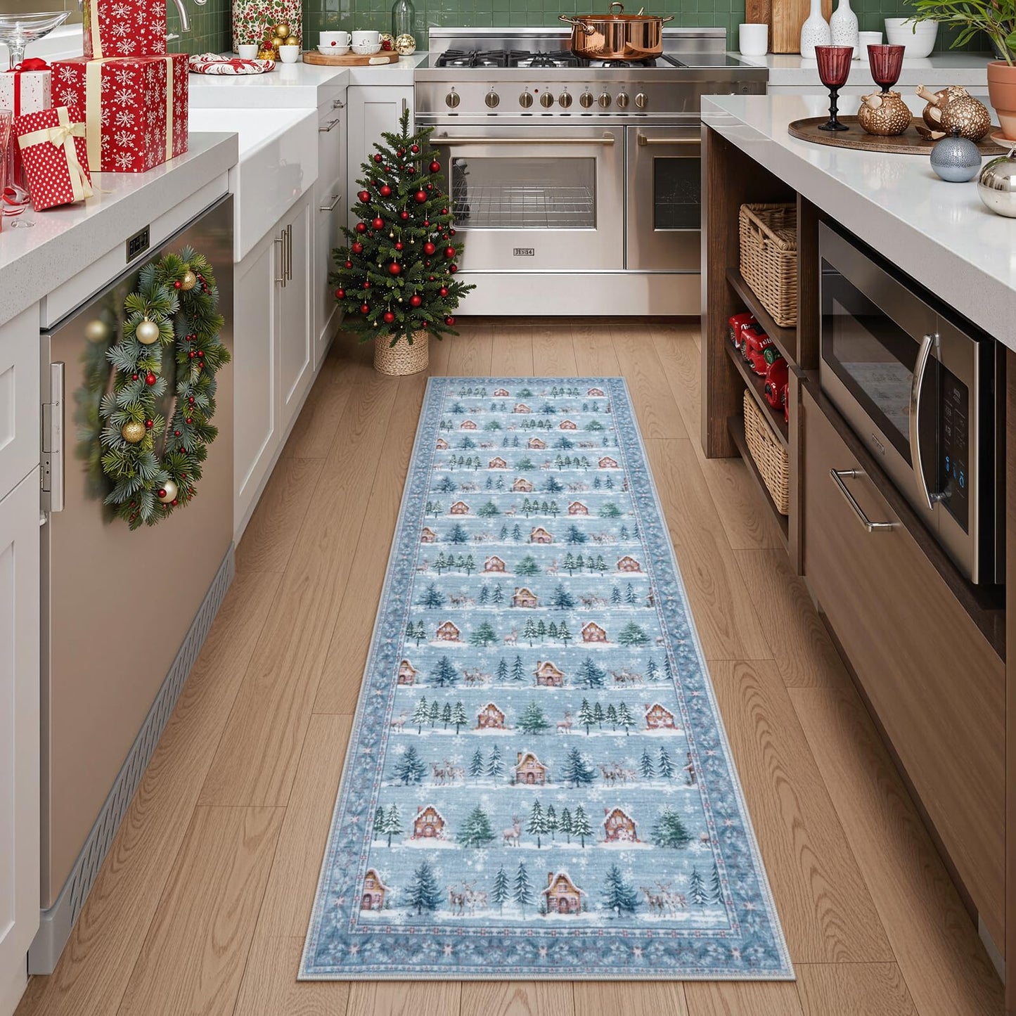 SUNDEREY Christmas Runner Rug Rug Runner for Entryway, Washable Non Slip Hallway Rugs, Stain Resistant Kitchen Rugs, Xmas Holiday Decor for Bathroom Bedside Carpet