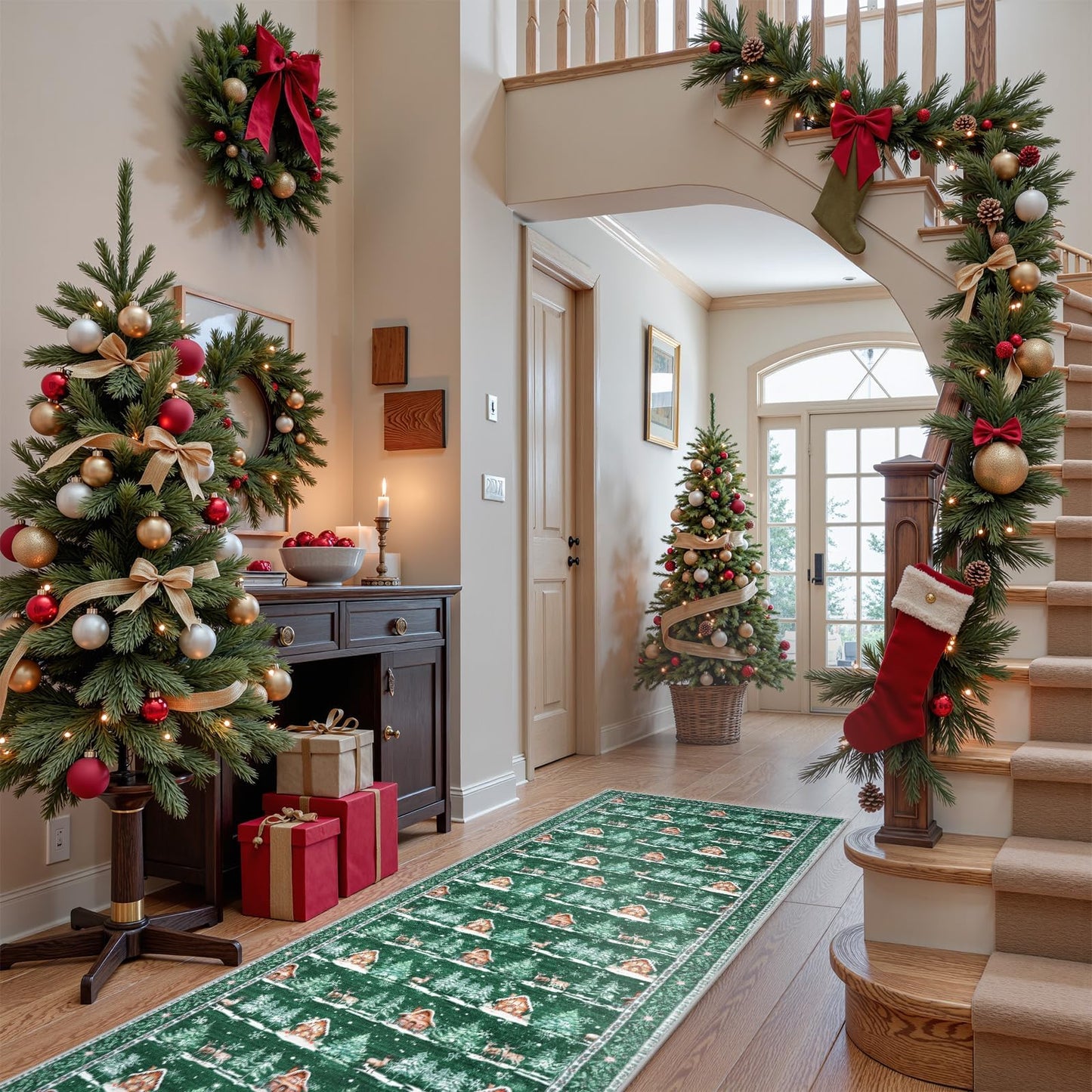 SUNDEREY Christmas Runner Rug Rug Runner for Entryway, Washable Non Slip Hallway Rugs, Stain Resistant Kitchen Rugs, Xmas Holiday Decor for Bathroom Bedside Carpet