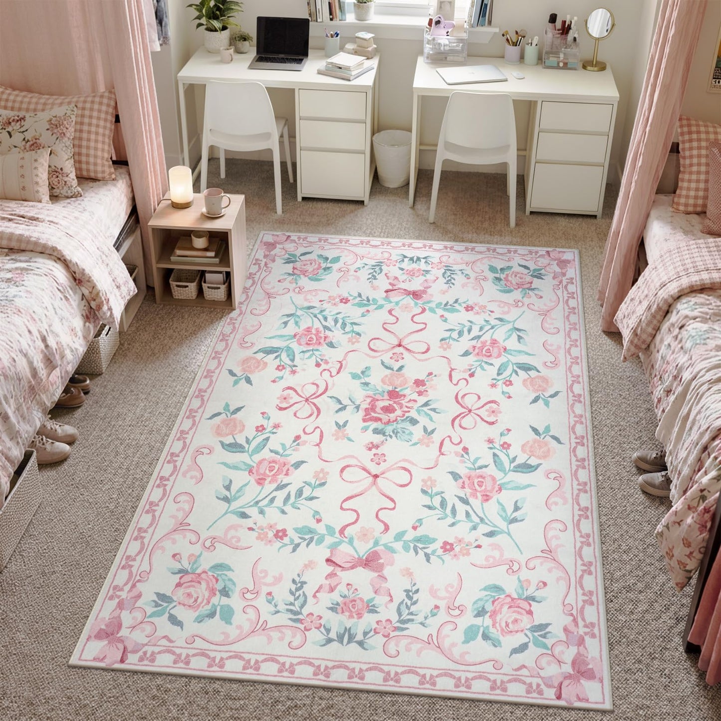 Lahome Washable Floral Bow Area Rug, Rugs for Living Room, Soft Ultra-Thin Non-Slip Carpet for Girls Bedroom Nursery Dorm Kids Room Playroom
