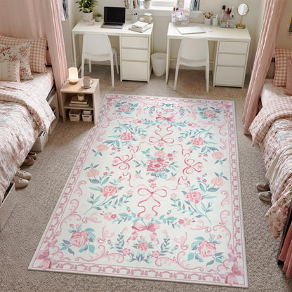 Lahome Washable Floral Bow Area Rug, Rugs for Living Room, Soft Ultra-Thin Non-Slip Carpet for Girls Bedroom Nursery Dorm Kids Room Playroom