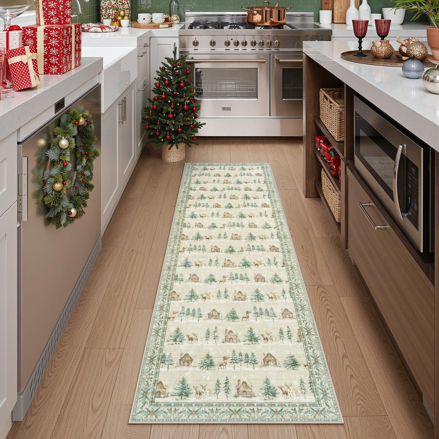 SUNDEREY Christmas Runner Rug Rug Runner for Entryway, Washable Non Slip Hallway Rugs, Stain Resistant Kitchen Rugs, Xmas Holiday Decor for Bathroom Bedside Carpet