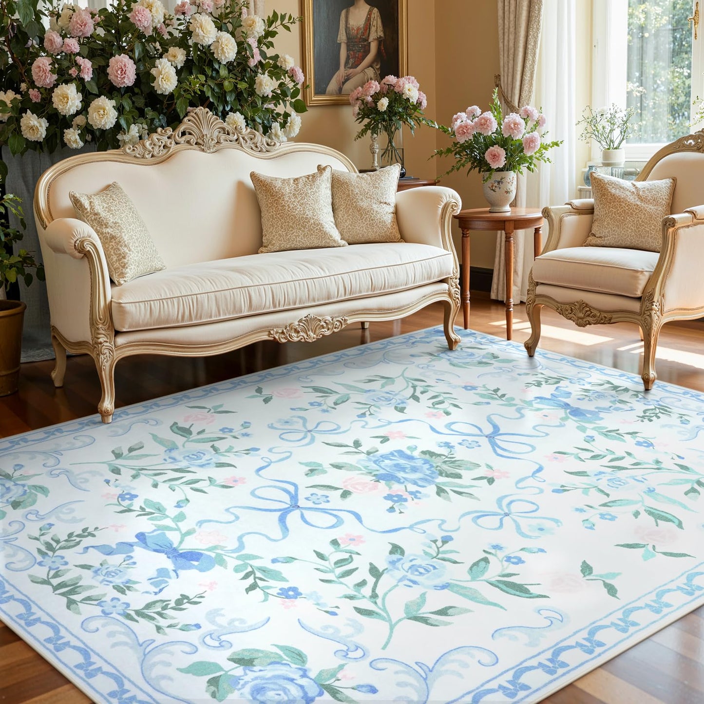 Lahome Washable Floral Bow Area Rug, Rugs for Living Room, Soft Ultra-Thin Non-Slip Carpet for Girls Bedroom Nursery Dorm Kids Room Playroom