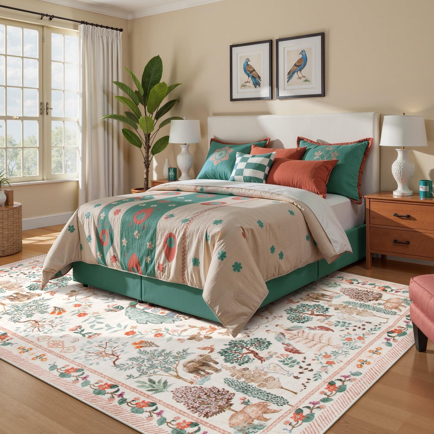 SUNDEREY Floral Washable Rugs, Boho Area Rug for Living Room, Soft Large Bedroom Rug Under Bed, Flower Non Slip Ultra Thin Carpet for Dining Room Nursery Office