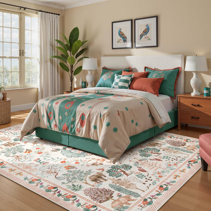 SUNDEREY Floral Washable Rugs, Boho Area Rug for Living Room, Soft Large Bedroom Rug Under Bed, Flower Non Slip Ultra Thin Carpet for Dining Room Nursery Office