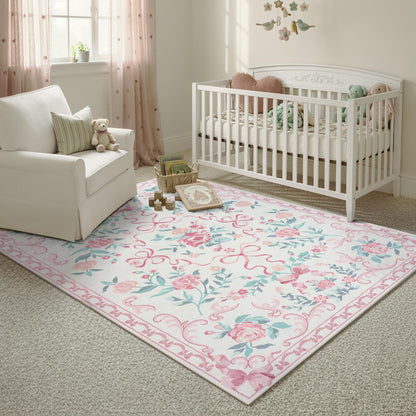 Lahome Washable Floral Bow Area Rug, Rugs for Living Room, Soft Ultra-Thin Non-Slip Carpet for Girls Bedroom Nursery Dorm Kids Room Playroom