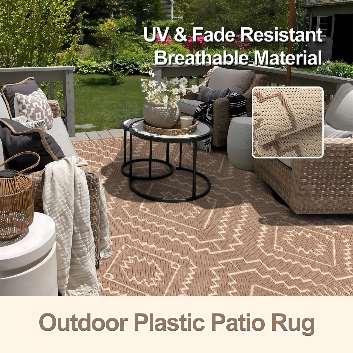 Lahome Portable Indoor/Outdoor Rug - Waterproof & Reversible Plastic Straw Mat for Patio, Deck, Balcony, Backyard, Picnic