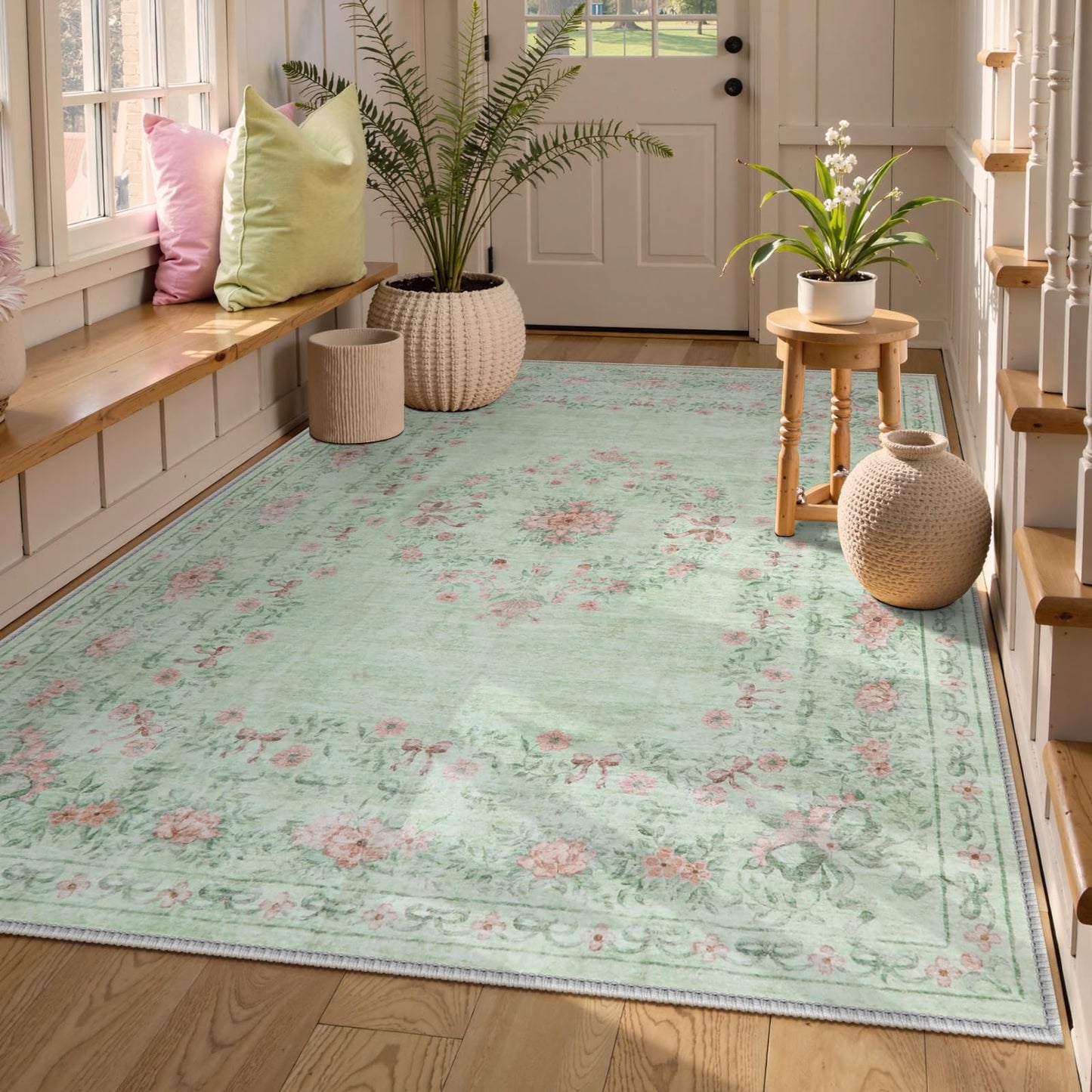 Lahome Non-Shedding Washable Area Rug, Floral Bow Boho Low-Pile Carpet for Bedroom Living Room and Dorm, Ultra-Thin Soft Neutral Mat