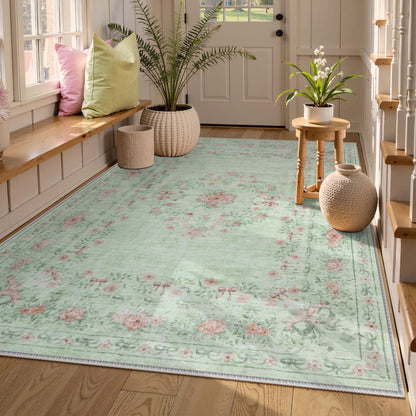 Lahome Non-Shedding Washable Area Rug, Floral Bow Boho Low-Pile Carpet for Bedroom Living Room and Dorm, Ultra-Thin Soft Neutral Mat