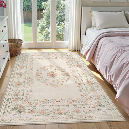 Lahome Non-Shedding Washable Area Rug, Floral Bow Boho Low-Pile Carpet for Bedroom Living Room and Dorm, Ultra-Thin Soft Neutral Mat