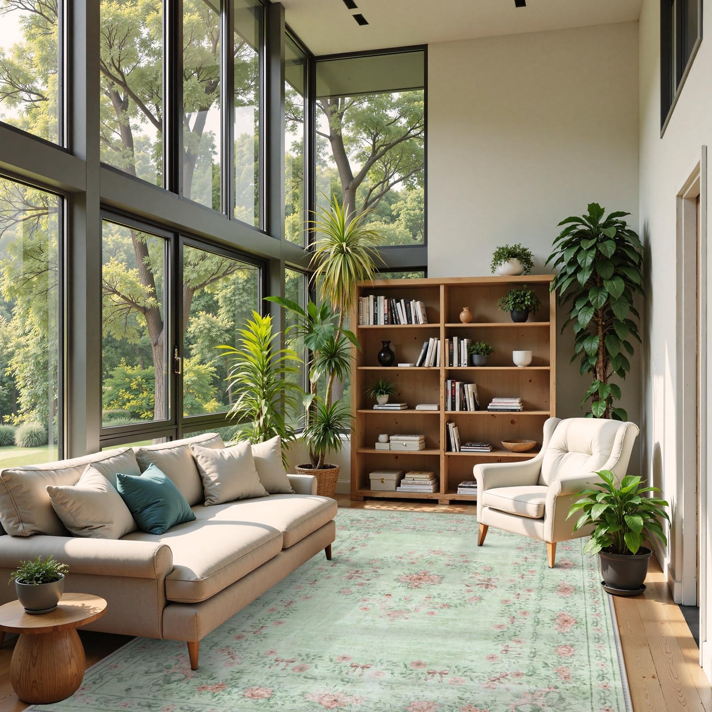 Lahome Non-Shedding Washable Area Rug, Floral Bow Boho Low-Pile Carpet for Bedroom Living Room and Dorm, Ultra-Thin Soft Neutral Mat