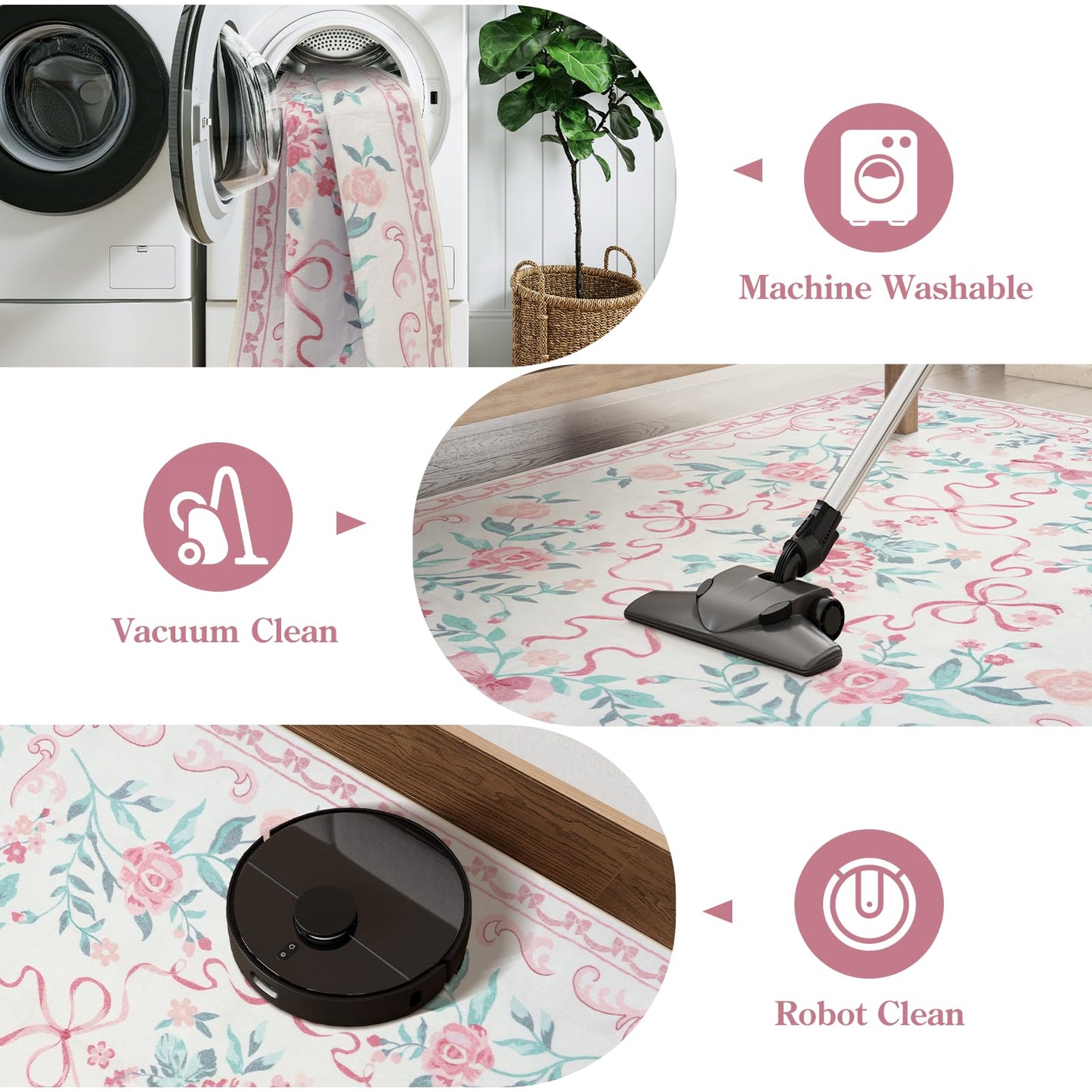 Lahome Washable Floral Bow Area Rug, Rugs for Living Room, Soft Ultra-Thin Non-Slip Carpet for Girls Bedroom Nursery Dorm Kids Room Playroom