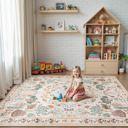 SUNDEREY Floral Washable Rugs, Boho Area Rug for Living Room, Soft Large Bedroom Rug Under Bed, Flower Non Slip Ultra Thin Carpet for Dining Room Nursery Office