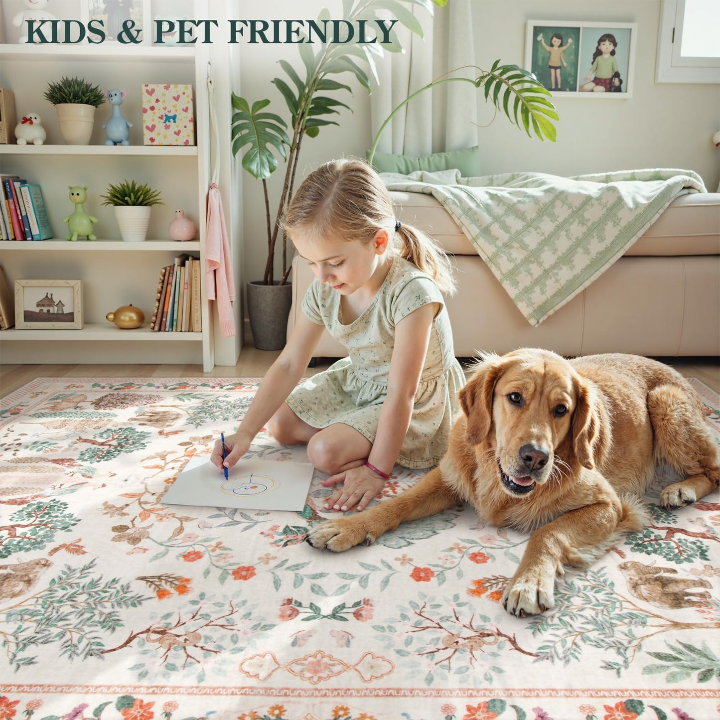 SUNDEREY Floral Washable Rugs, Boho Area Rug for Living Room, Soft Large Bedroom Rug Under Bed, Flower Non Slip Ultra Thin Carpet for Dining Room Nursery Office