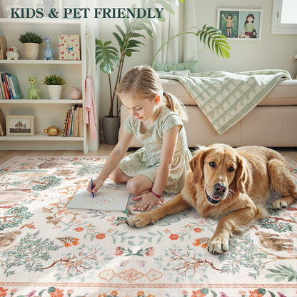 SUNDEREY Floral Washable Rugs, Boho Area Rug for Living Room, Soft Large Bedroom Rug Under Bed, Flower Non Slip Ultra Thin Carpet for Dining Room Nursery Office