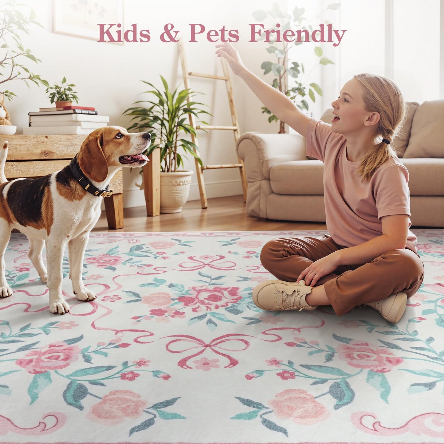 Lahome Washable Floral Bow Area Rug, Rugs for Living Room, Soft Ultra-Thin Non-Slip Carpet for Girls Bedroom Nursery Dorm Kids Room Playroom