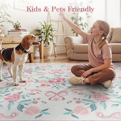 Lahome Washable Floral Bow Area Rug, Rugs for Living Room, Soft Ultra-Thin Non-Slip Carpet for Girls Bedroom Nursery Dorm Kids Room Playroom