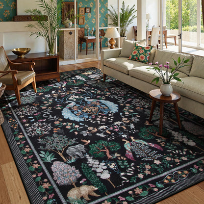 SUNDEREY Floral Washable Rugs, Boho Area Rug for Living Room, Soft Large Bedroom Rug Under Bed, Flower Non Slip Ultra Thin Carpet for Dining Room Nursery Office
