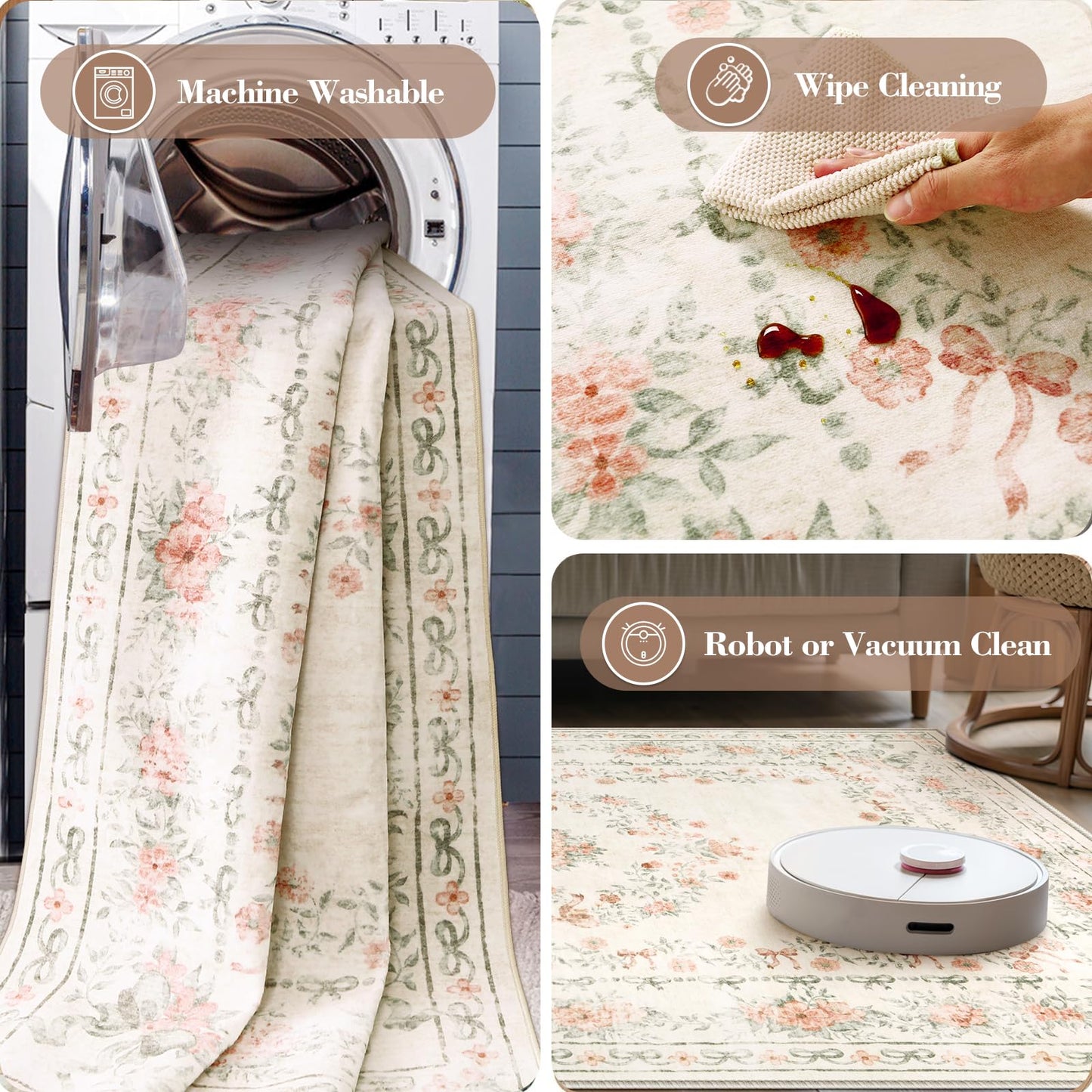 Lahome Non-Shedding Washable Area Rug, Floral Bow Boho Low-Pile Carpet for Bedroom Living Room and Dorm, Ultra-Thin Soft Neutral Mat