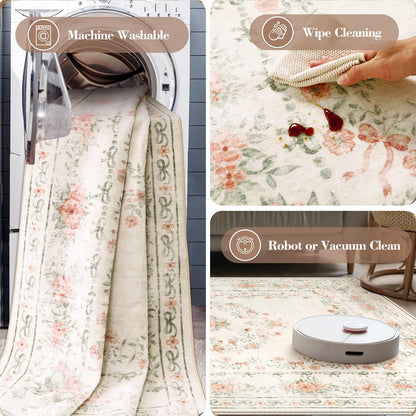 Lahome Non-Shedding Washable Area Rug, Floral Bow Boho Low-Pile Carpet for Bedroom Living Room and Dorm, Ultra-Thin Soft Neutral Mat