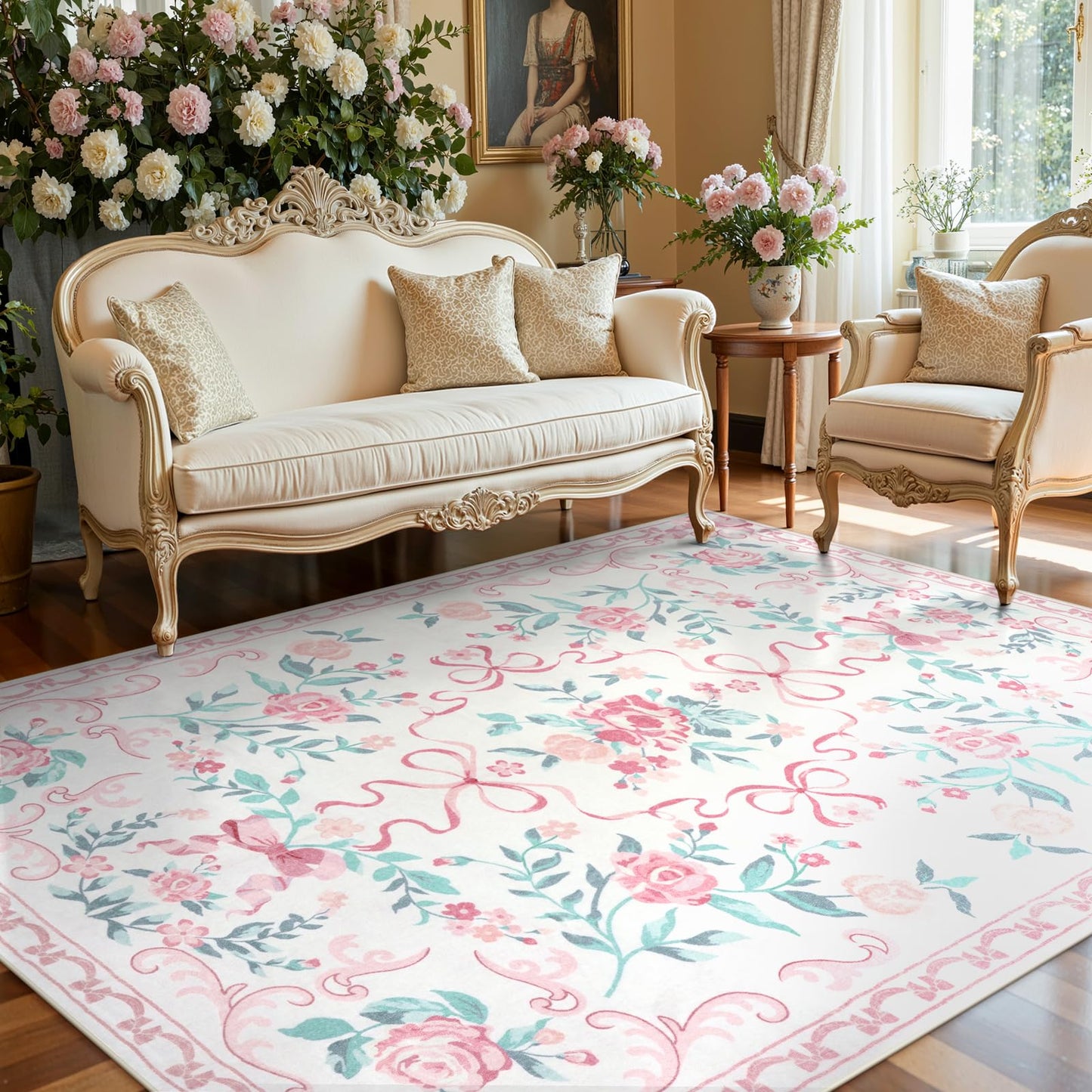 Lahome Washable Floral Bow Area Rug, Rugs for Living Room, Soft Ultra-Thin Non-Slip Carpet for Girls Bedroom Nursery Dorm Kids Room Playroom