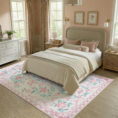 Lahome Washable Floral Bow Area Rug, Rugs for Living Room, Soft Ultra-Thin Non-Slip Carpet for Girls Bedroom Nursery Dorm Kids Room Playroom