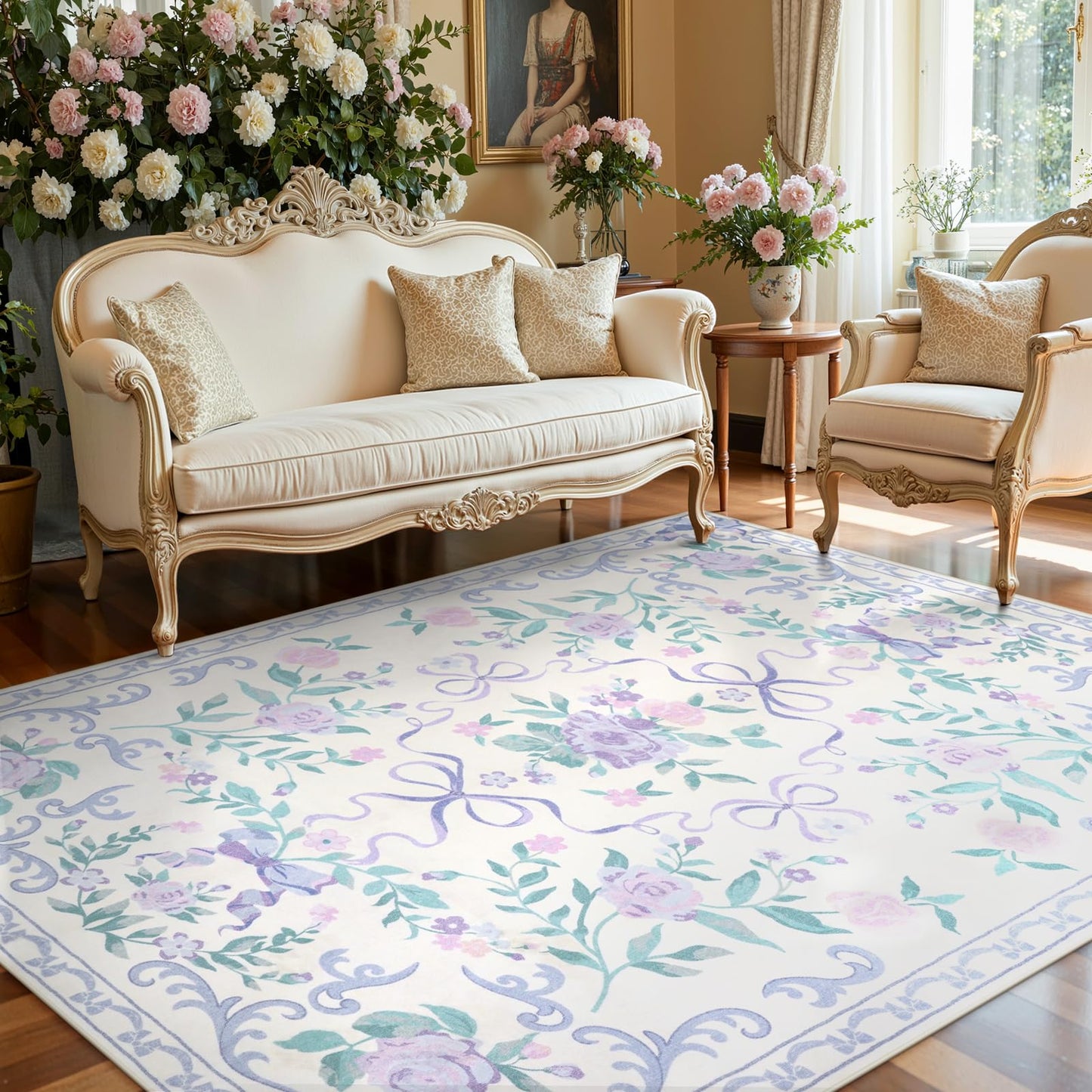 Lahome Washable Floral Bow Area Rug, Rugs for Living Room, Soft Ultra-Thin Non-Slip Carpet for Girls Bedroom Nursery Dorm Kids Room Playroom