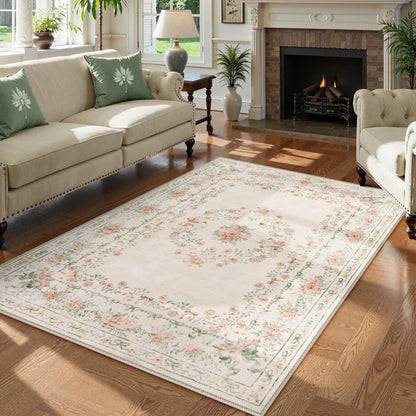 Lahome Non-Shedding Washable Area Rug, Floral Bow Boho Low-Pile Carpet for Bedroom Living Room and Dorm, Ultra-Thin Soft Neutral Mat