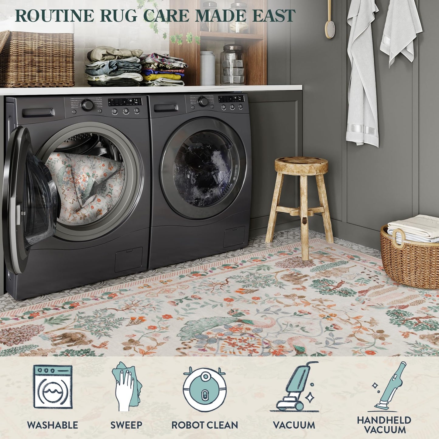 SUNDEREY Floral Washable Rugs, Boho Area Rug for Living Room, Soft Large Bedroom Rug Under Bed, Flower Non Slip Ultra Thin Carpet for Dining Room Nursery Office