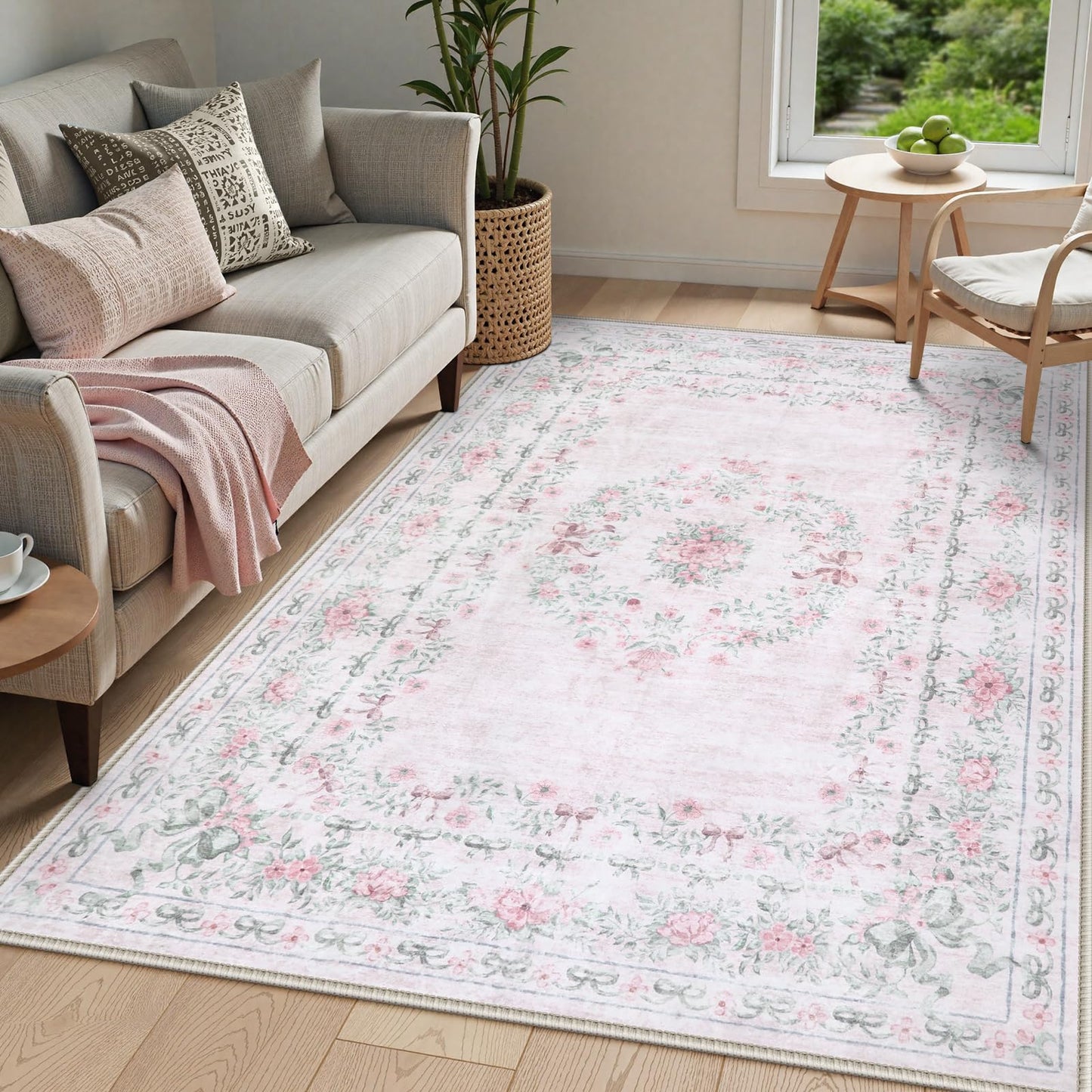 Lahome Non-Shedding Washable Area Rug, Floral Bow Boho Low-Pile Carpet for Bedroom Living Room and Dorm, Ultra-Thin Soft Neutral Mat