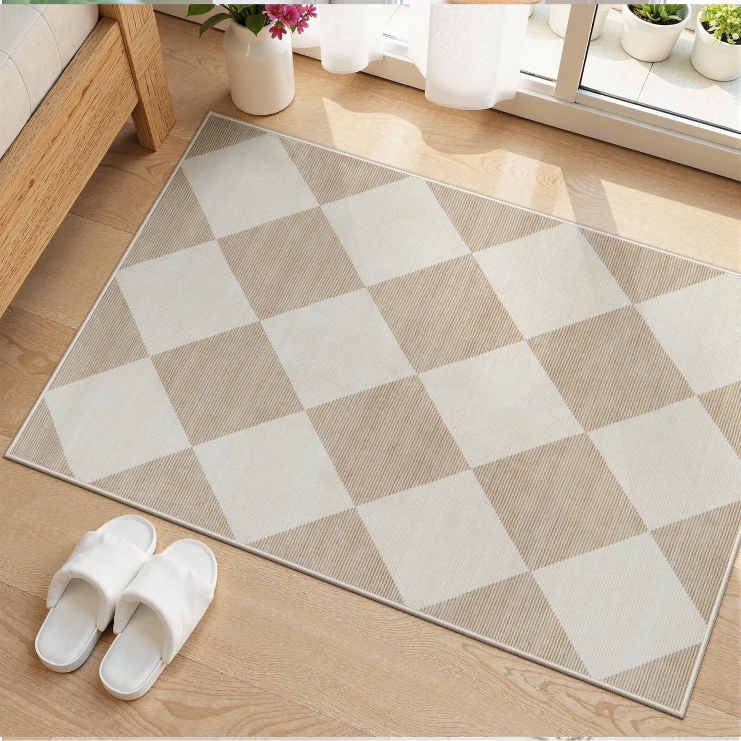 Lahome Decor Modern Washable Area Rugs for Living Room, Non-Slip Rugs for Bedroom, Farmhouse Checkered Rug, Moroccan Neutral Soft Low Pile Carpet for Office Dining Room Playroom Walmart Walmart 2' x 3' Beige