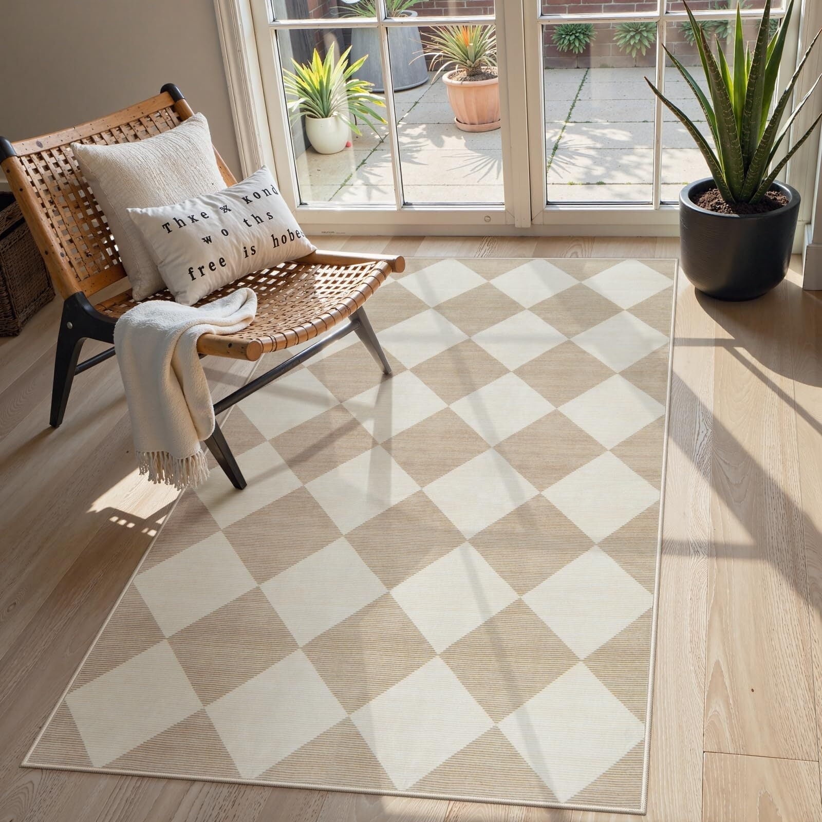 Lahome Decor Modern Washable Area Rugs for Living Room, Non-Slip Rugs for Bedroom, Farmhouse Checkered Rug, Moroccan Neutral Soft Low Pile Carpet for Office Dining Room Playroom Walmart Walmart 3' x 5' Beige