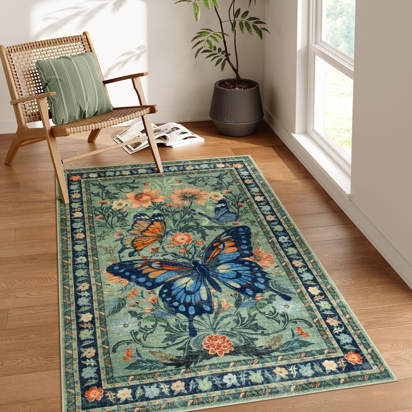 Lahome Decor Butterfly Bedroom Rug,Area Rugs Rugs for Living Room, Non-Slip Washable Rugs Stain Resistant Boho Floral Rug Low-Pile Throw Rug for ‎Dining Room Office Walmart Walmart 3' x 5' Green