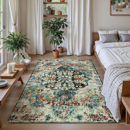 Lahome Decor Area Rug for Living Room Washable Bedroom Dining Rug Boho Floral Medallion Area Rug Non Slip Vintage Indoor Accent Carpet for Apartment Nursery Kids Room Walmart Walmart 4' x 6' Teal