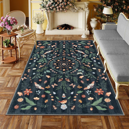Lahome Decor Insect Botanical Washable Rugs for Bedroom, Soft Rug for Entryway, Kitchen Rugs Non Slip Washable, Boho Floral Indoor Throw Carpet for Bathroom Laundry Living Room Walmart Walmart 5' x 7' Black