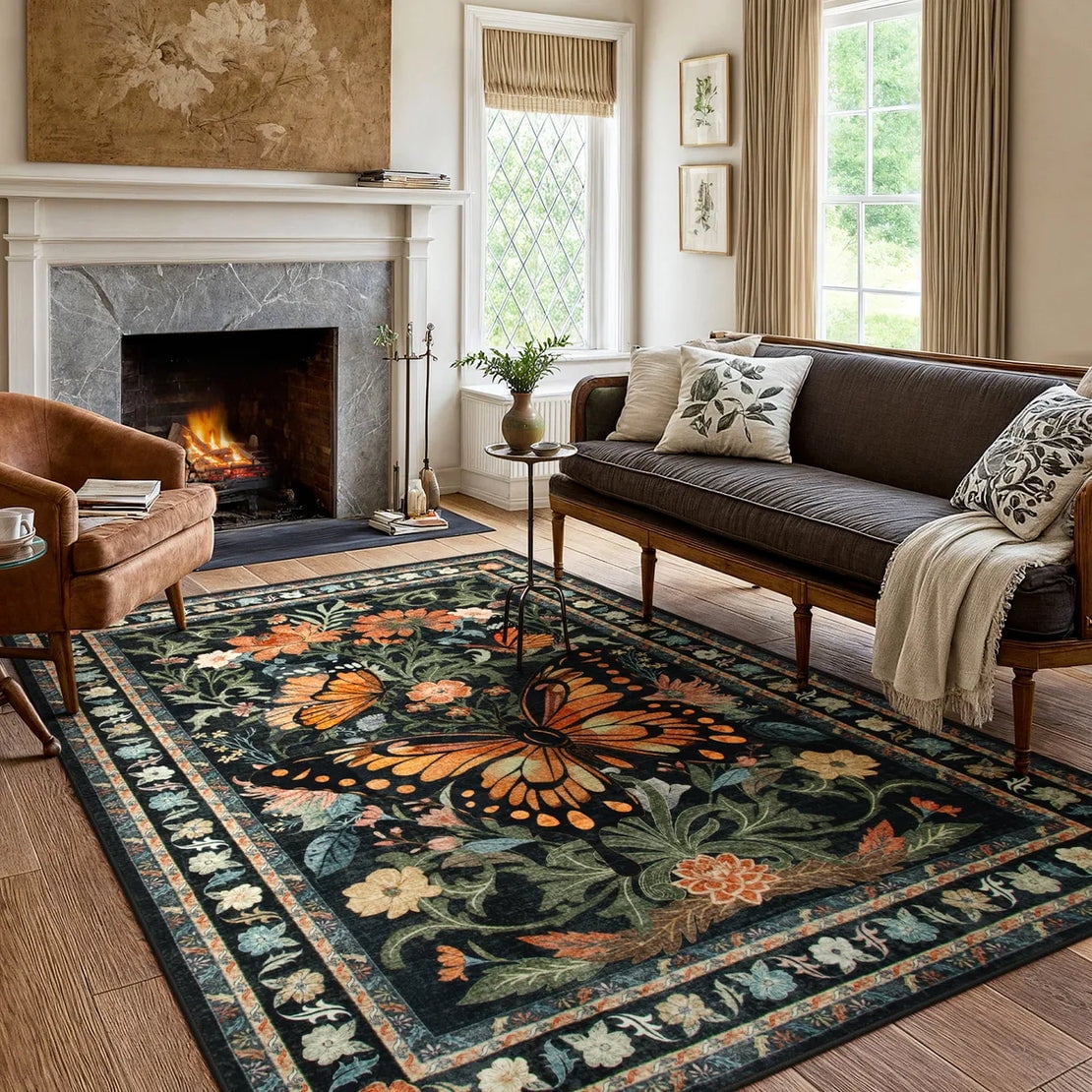 Lahome Decor Butterfly Bedroom Rug,Area Rugs Rugs for Living Room, Non-Slip Washable Rugs Stain Resistant Boho Floral Rug Low-Pile Throw Rug for ‎Dining Room Office Walmart Walmart 5' x 7' Black