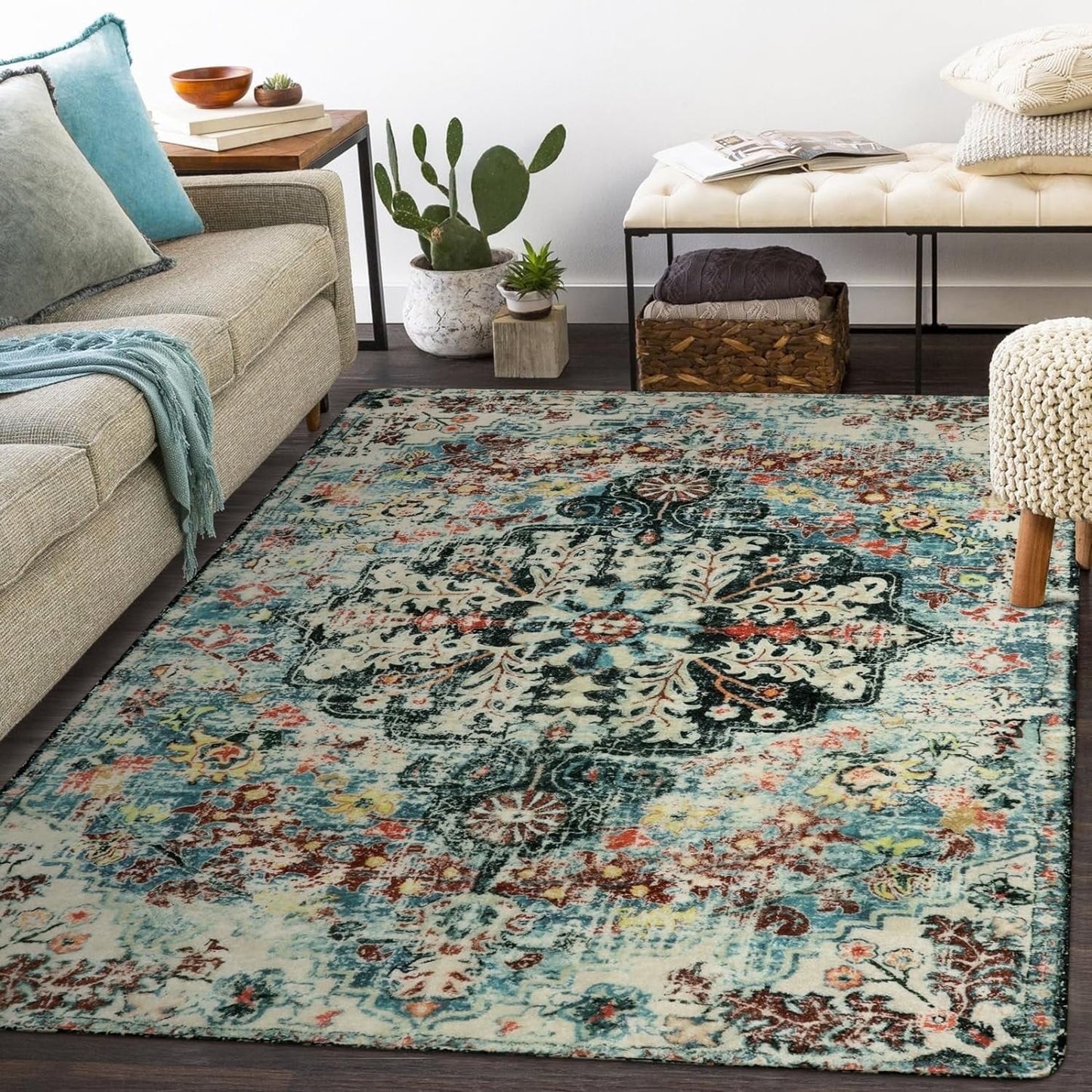 Lahome Decor Area Rug for Living Room Washable Bedroom Dining Rug Boho Floral Medallion Area Rug Non Slip Vintage Indoor Accent Carpet for Apartment Nursery Kids Room Walmart Walmart 5' x 7' Teal