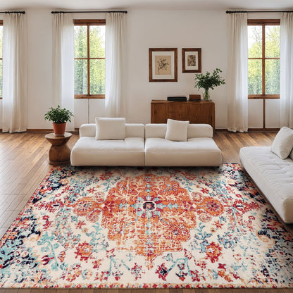 Lahome Decor Area Rug for Living Room Washable Bedroom Dining Rug Boho Floral Medallion Area Rug Non Slip Vintage Indoor Accent Carpet for Apartment Nursery Kids Room Walmart Walmart 9' x 12' Orange