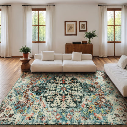 Lahome Decor Area Rug for Living Room Washable Bedroom Dining Rug Boho Floral Medallion Area Rug Non Slip Vintage Indoor Accent Carpet for Apartment Nursery Kids Room Walmart Walmart 9' x 12' Teal